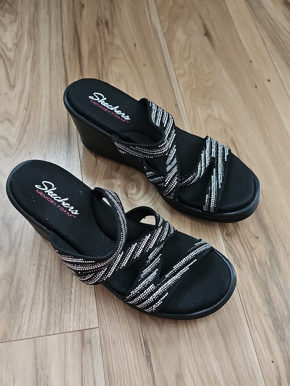 Skechers Black Wedge Sandals with Metallic-Strap Detail